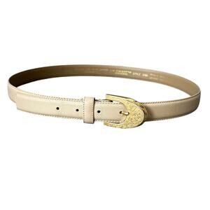 Vintage 90s Liz Claiborne taupe leather belt L gold neutral fits waist 31.5-35.5